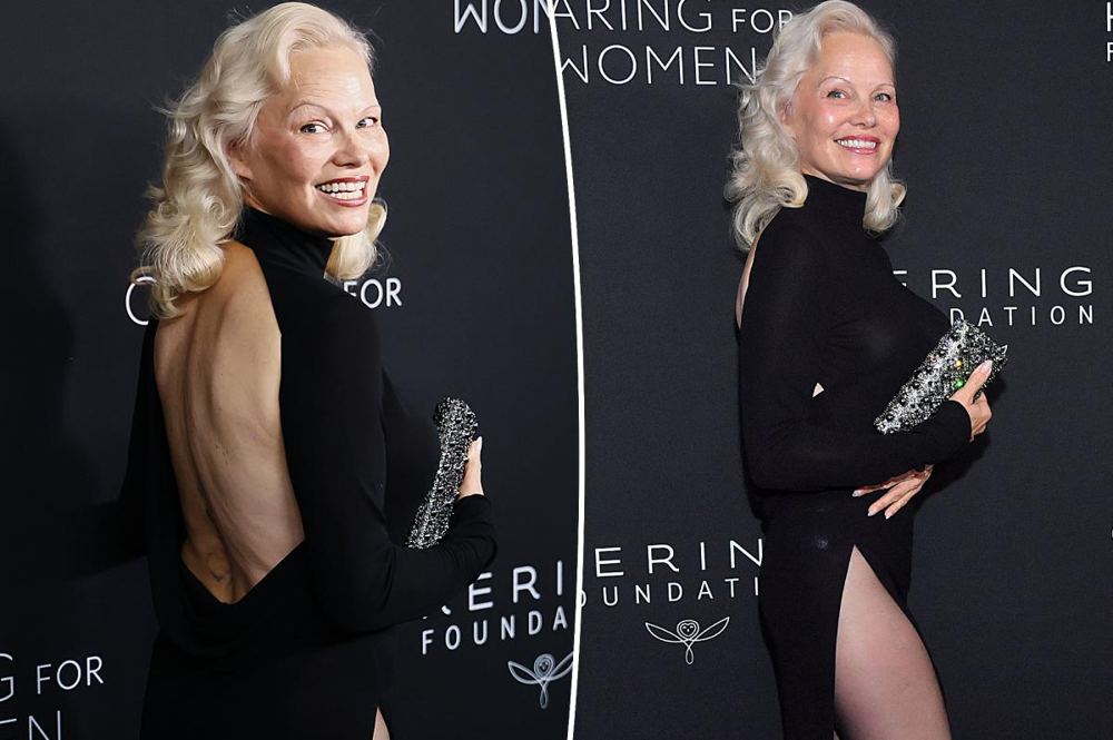 Pamela Anderson turns heads in daring Gucci dress with open back and high-hip slit